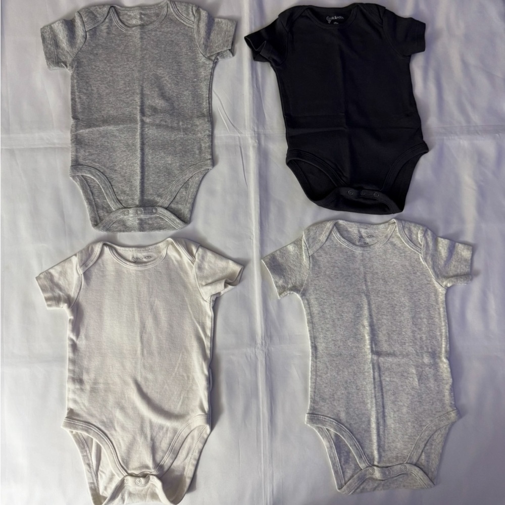 Mac & Moon 4pc Bundle - Short Sleeve Onesies in White, Black, Lt Gray & Dk Gray